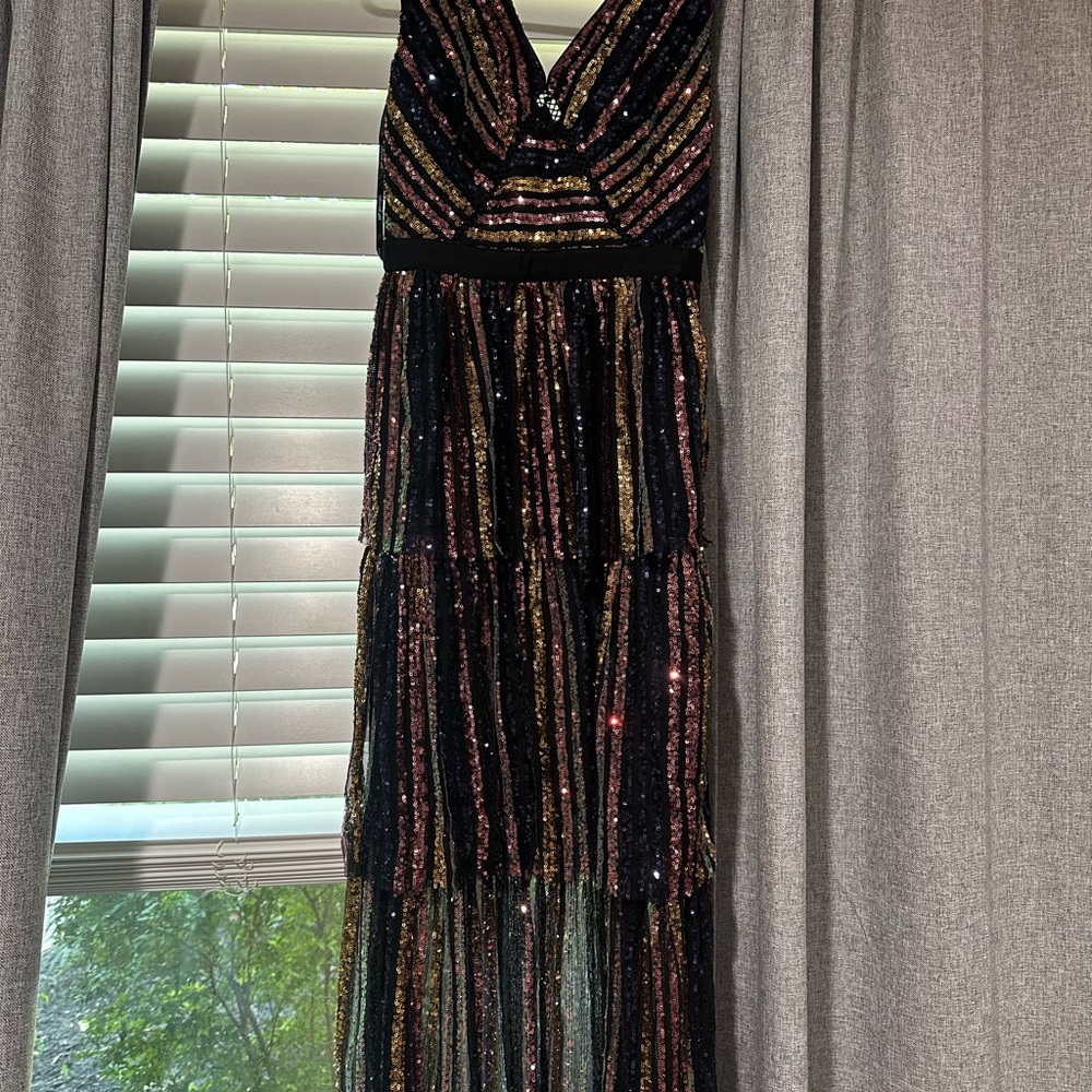Self-Portrait Black and Gold Striped High Low Dress